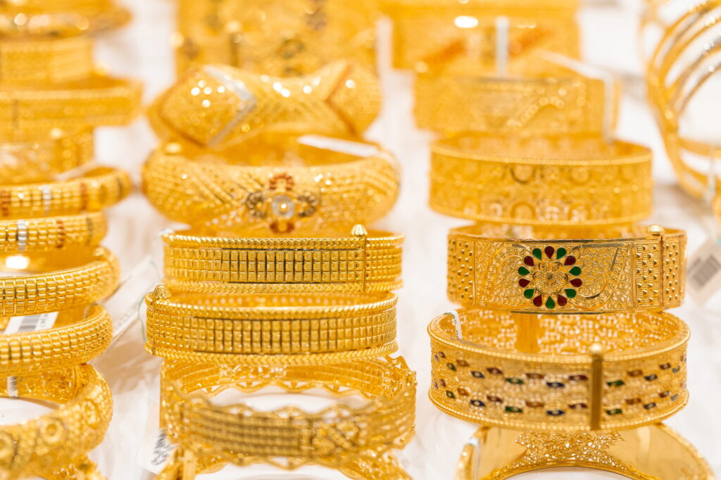 Golden jewelry at golden market in Deira, Dubai